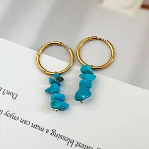 Gold hoop earrings featuring vertical turquoise stone pendants on minimalist card