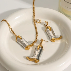 Elegant 18k gold-plated stainless steel cowboy boot pendant necklace and earrings set