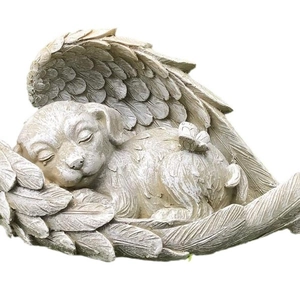 Detailed angel wing pet memorial dog statue with intricate resin feather texture
