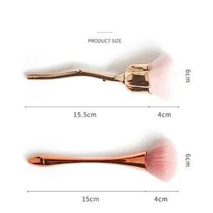 Pink rose-shaped nail dust brush and makeup brush set with detailed size dimensions