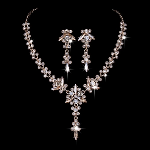Luxurious bridal jewelry set featuring champagne gold crystal necklace and drop earrings