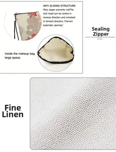 Détails de la trousse de maquillage en lin avec imprimé corail et fermeture éclair en alliage