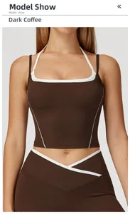 Vorderansicht von Yoga-Set in Dunkelkaffee mit Neckholder-Top und V-Taillen-Leggings