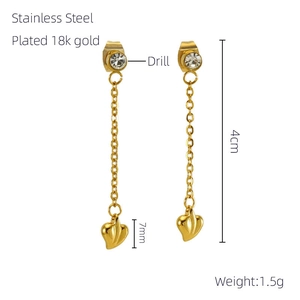 Detailed view showing 18k gold plated stainless steel heart earrings with dimensions