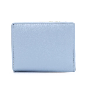Close-up of light blue PU leather wallet showing detailed texture and stitching