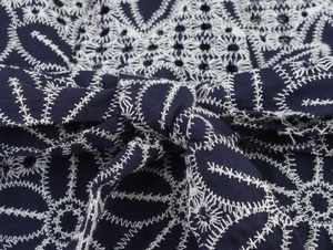 Details von weißer Stickerei und Quasten-Kordelzug auf navyfarbenem Baumwollkleid