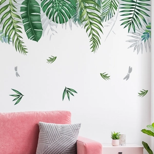 Tropical green leaves wall stickers set with dragonfly accents for living room decor
