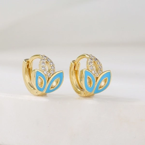 18K gold plated leaf hoop earrings with blue enamel and sparkling zircon accents