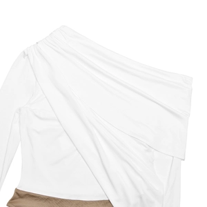 Detail of white one-shoulder bodysuit featuring elegant pleats and draped shoulder design