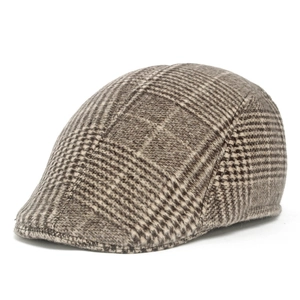 Classic British wool plaid newsboy cap in brown and black checkered pattern for men