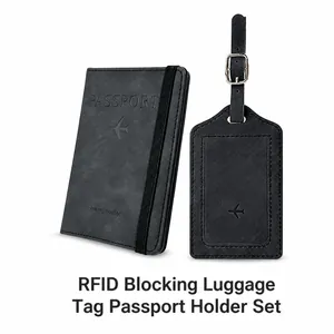 Business style black PU leather passport cover and luggage tag set with elastic strap