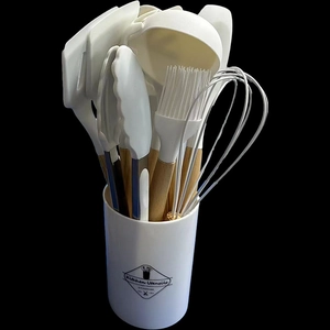12pcs white silicone cooking utensils set with wooden handles and storage bucket