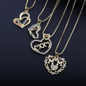 Golden heart MAMA pendant necklaces with sparkling zircons for Mother Day gifts