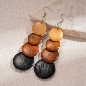 Bohemian geometric wooden beaded drop earrings with layered brown round discs