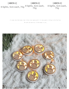 Detail of snowman wooden LED string lights with warm white glow on white snow background