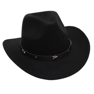 Detail of black western cowboy hat with leather band and silver star metal stud decoration