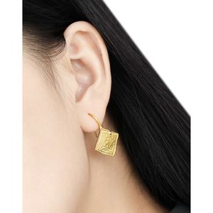 Lava texture square gold earrings with diamond accent on S925 sterling silver base