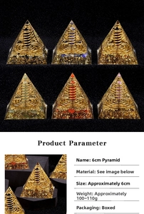 Detailed views of Orgone energy pyramids with crystal chips and spiral copper coils