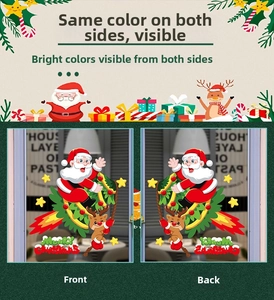 Close-up of double-sided Christmas window stickers showing Santa and reindeer patterns
