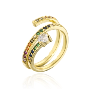 Golden double-layer open ring with rainbow stones and a central white zircon crystal