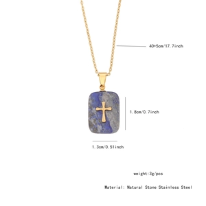 Detail of blue natural stone rectangle pendant with golden cross and chain size specs