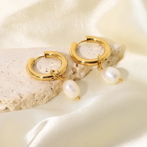 French vintage 18k gold plated hoop earrings with natural pearl pendants on stone