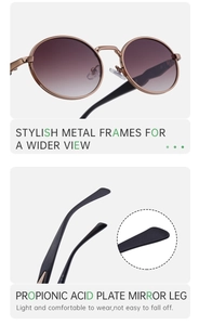 Detail of rose gold metal round sunglasses with gradient lenses and acetate temples