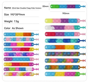 Detailed size chart and multi-color gradient pop-it fidget bracelets for children