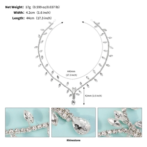 Detailed size specifications for rhinestone bridal hair chain with silver plating