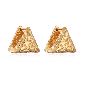 Minimalist gold triangle earrings with textured lava pattern and polished metallic finish