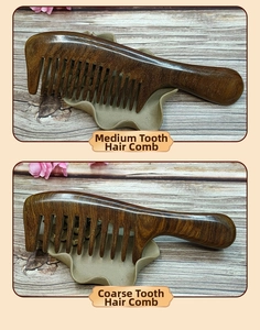 Detailed comparison of wide-tooth and medium-tooth black sandalwood hair combs with wood grain