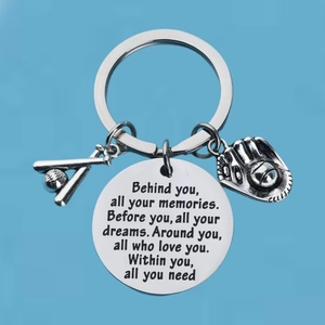 Baseball stainless steel keychain with sports charms and inspirational engraved tag