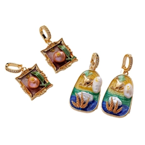 Vintage palace style oil painting enamel earrings with freshwater pearls and gold finish