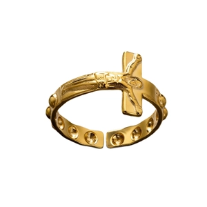 Verstellbarer goldener Edelstahlring mit Kruzifix-Relief und dekorativen Kugelakzenten
