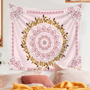 Close-up of pink mandala wall tapestry made of lightweight fabric for bedroom decoration