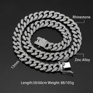 Iced out 13mm silver tone Cuban link chain necklace with sparkling rhinestones in zinc alloy