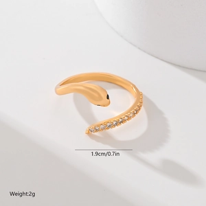 Detail of gold snake ring with zircon inlay and 1.9cm size info on white background