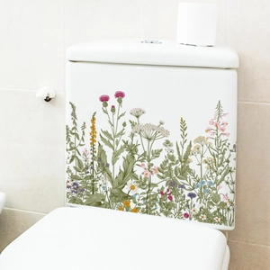 Detail of floral toilet tank sticker with vintage green plants and purple wildflowers