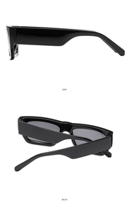Side and back view of fashion square sunglasses with wide black frames and dark lenses