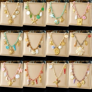 Ocean Theme Charm Necklace Woven Rope Stainless Steel Artificial Pearl Shell Starfish Turtle Conch Bohemian Summer Beach Jewelry Women