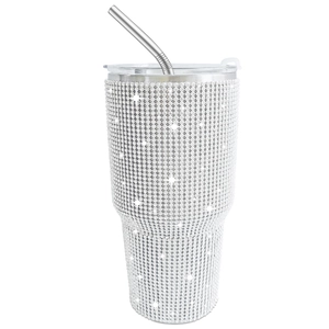 Detailed view of the rhinestone insulated tumbler featuring a sparkling diamond surface.