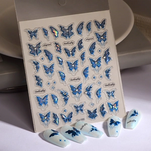Macro detail of Co-155 3D blue butterfly nail stickers with laser holographic finish