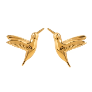 Minimalist golden stainless steel hummingbird stud earrings with a polished metallic finish