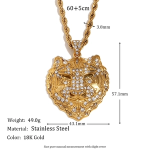 18K gold plated stainless steel hip-hop tiger head pendant necklace with twisted chain
