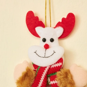Plush Christmas reindeer hanging ornament with red knit scarf and golden string