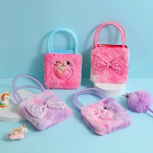 Detail of plush cartoon bunny bags with sequin bows and glitter handles for girls