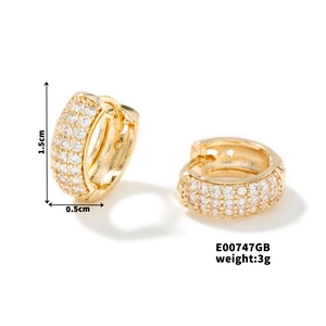 Detailed size view of gold C-shaped hoop earrings with zircon stones, 1.5cm high and 0.5cm wide