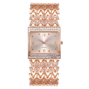 Square rose gold quartz watch for women featuring diamond accents and a wavy metal band