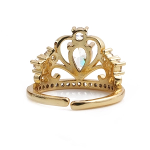 Rose gold crown ring with teardrop zircon stone and adjustable band on white background