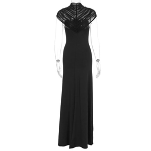 Detail of elegant black slim-fit maxi dress featuring ruffled mesh texture on the back